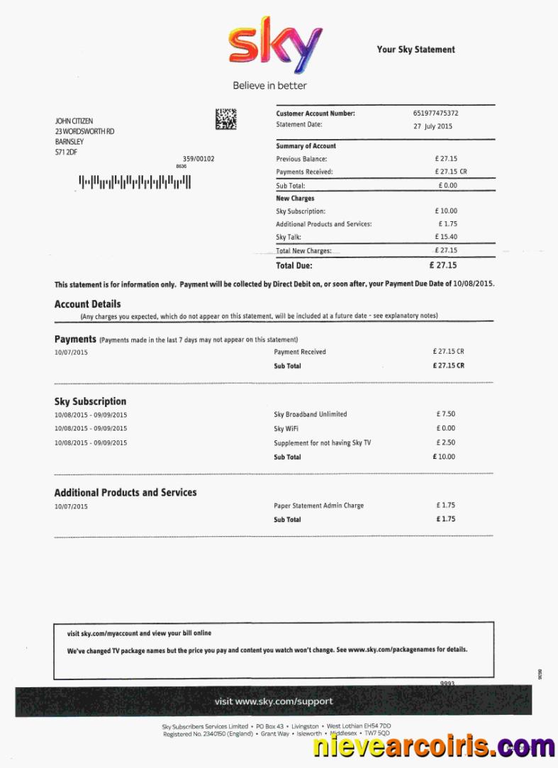 United Kingdom Sky utility bill